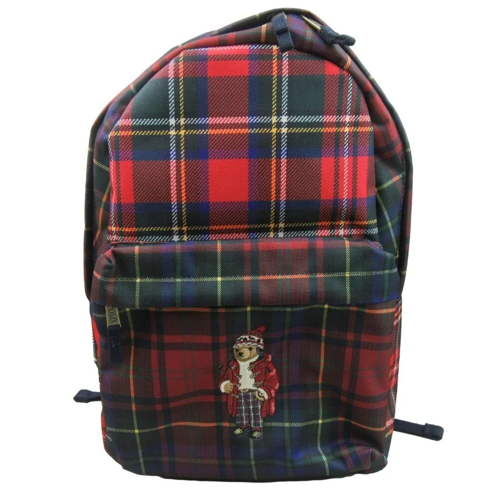 Polo Ralph Lauren Polo Bear Red Navy Plaid Check Backpack School Travel - Picture 1 of 16